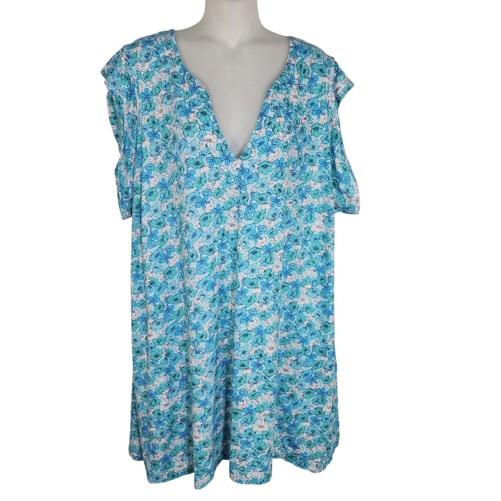Lands End Tunic Mini Dress Size 3X Floral Coverup V Neck Pockets Sleeveless Blue